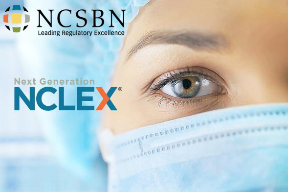 NCLEX and NCSBN logos on top of  apicture of a nurse